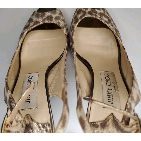 $695 JIMMY CHOO Nova Gold Leopard Shimmer Slingback Open Toe 4" Heels EU 37 US 7 - Picture 5 of 12